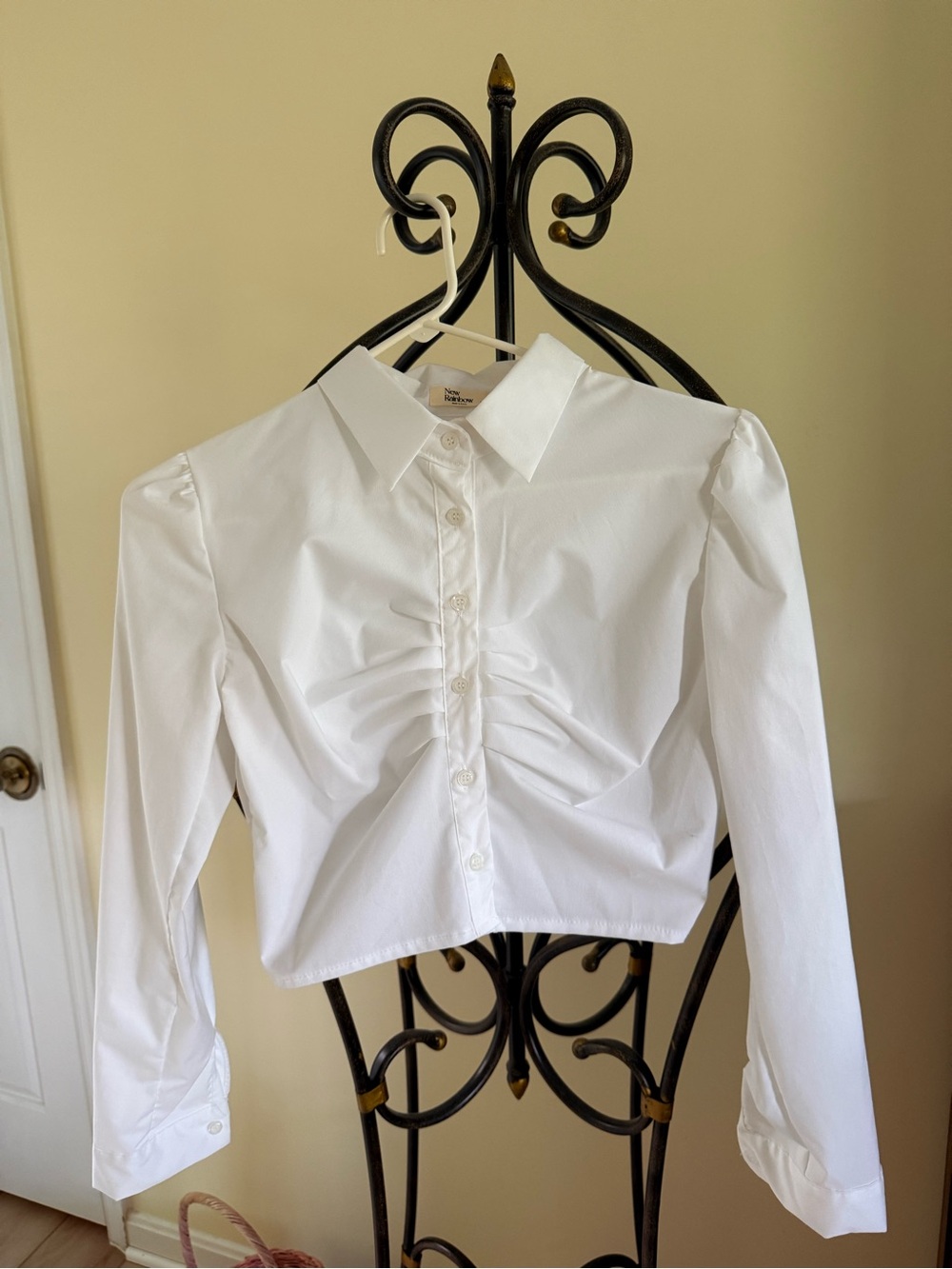 White Ruched Front Crop Button-Up Shirt